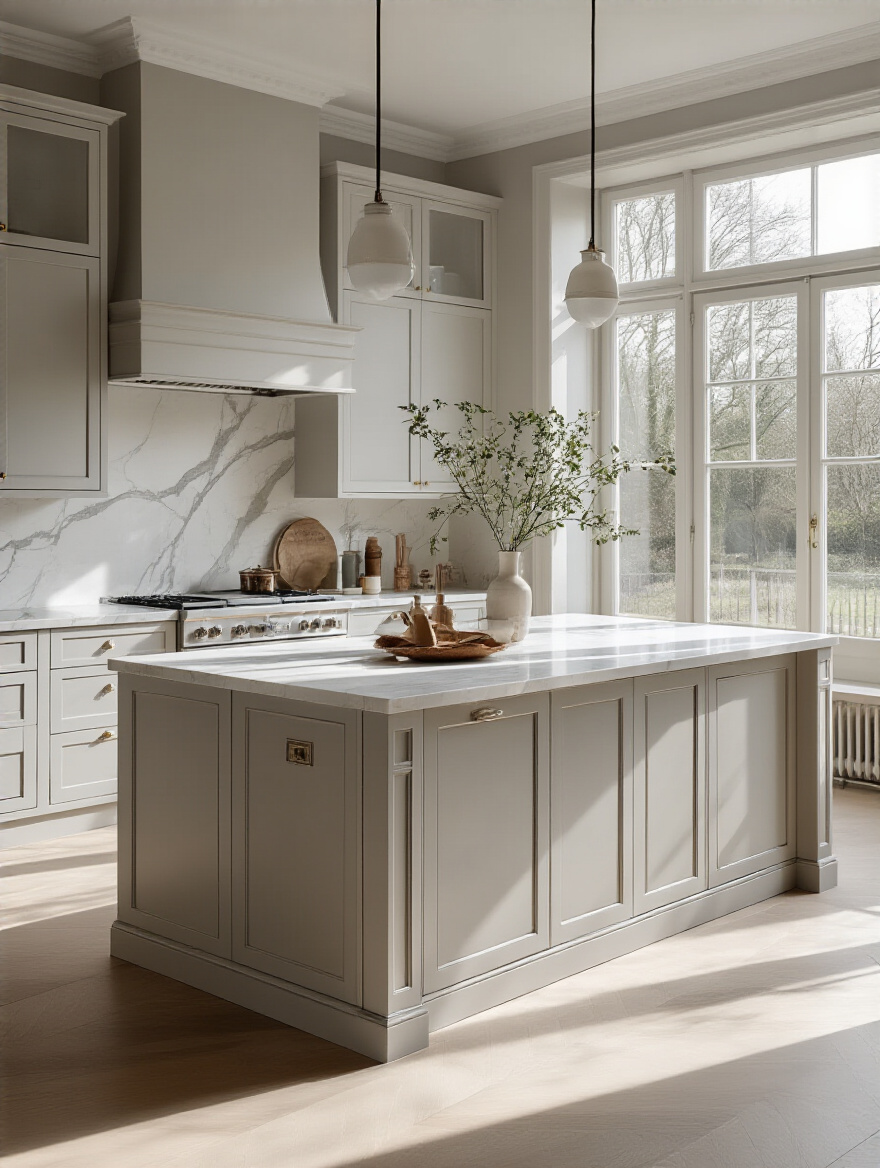 White kitchen with island color matching countertop veining