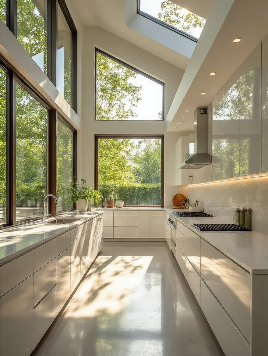 Contemporary kitchen interior with large windows and skylight maximizing natural light, bright and spacious design