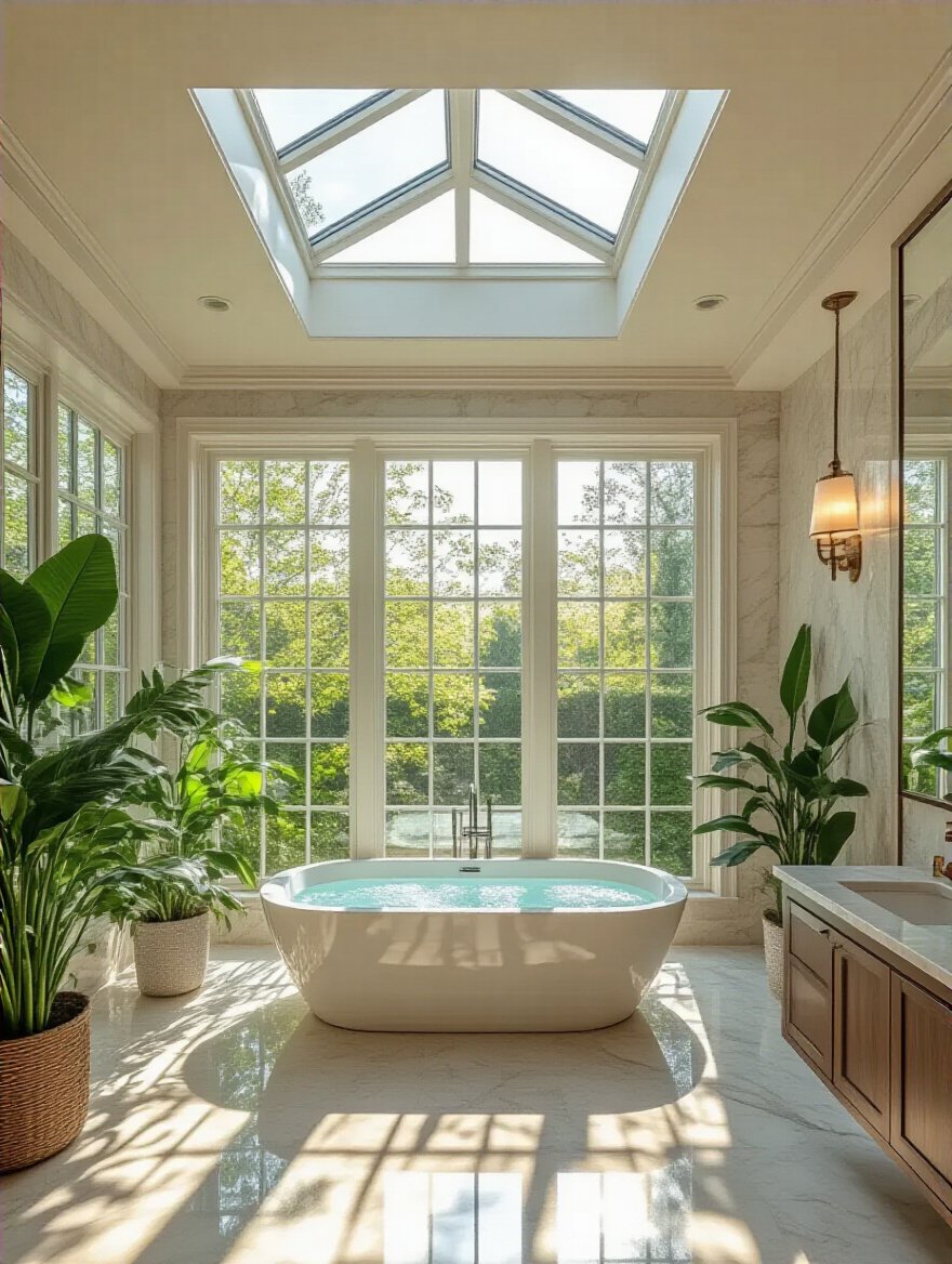 Luxury bathroom with expansive windows and skylights allowing natural light to flood the space.