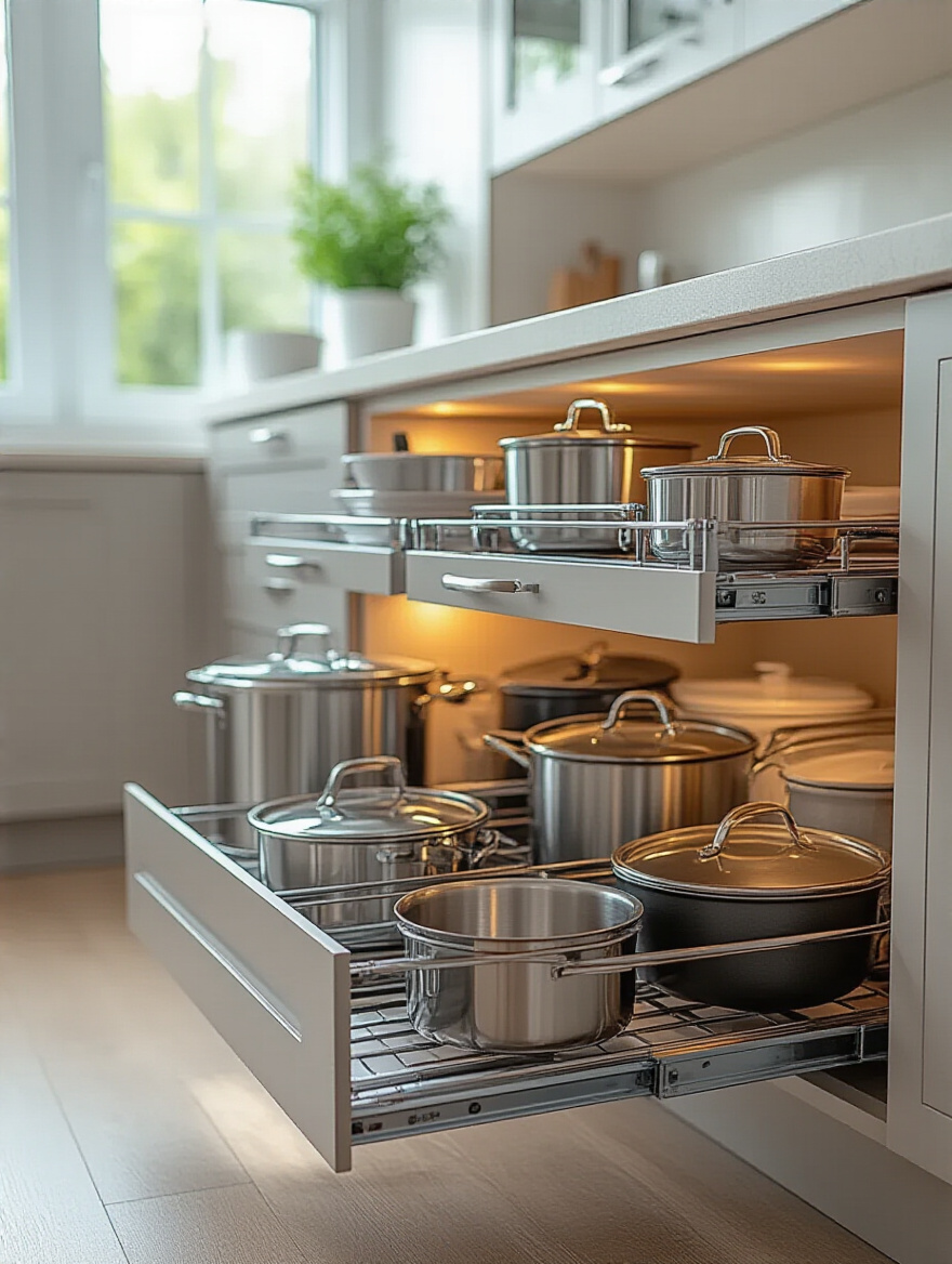 Modern kitchen cabinet with pull-out shelving systems showcasing pots and pans.