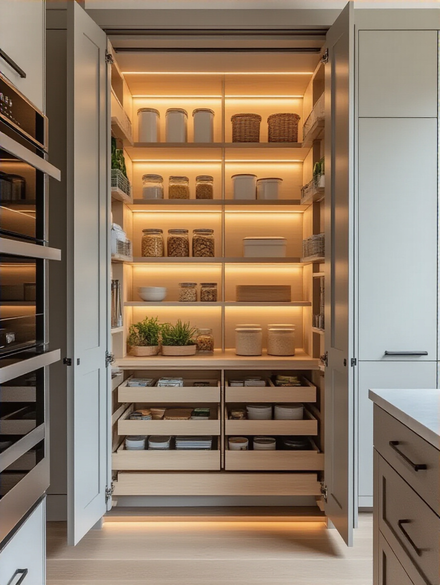 Modern kitchen with tall pantry unit and organized pull-out shelves