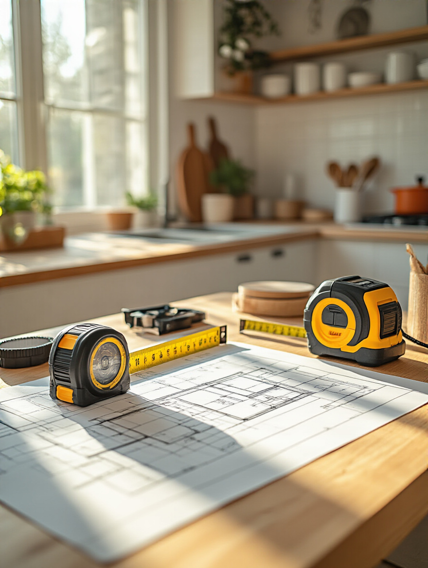 Kitchen workspace with measurement tools and detailed floor plan, emphasizing the importance of accurate measurements.