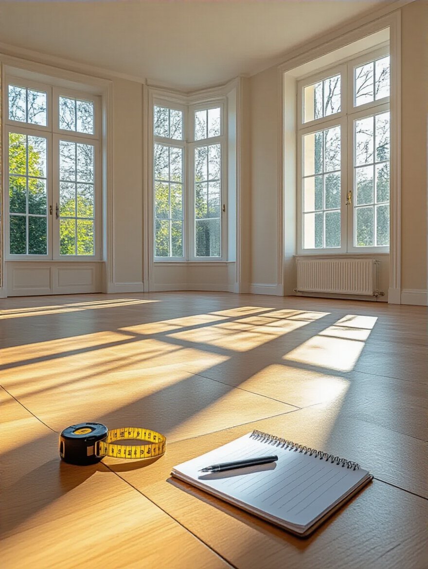 Empty living room floor with measuring tape and notes showing room dimensions for furniture planning
