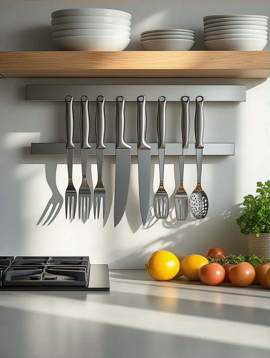 Modern kitchen wall with a stainless steel magnetic strip mounted holding knives and utensils neatly