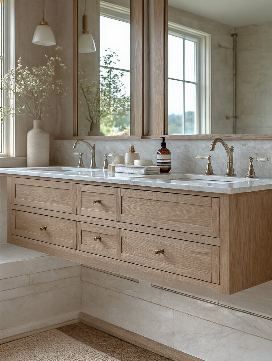 Luxurious bathroom with bespoke dual vanities featuring integrated storage solutions