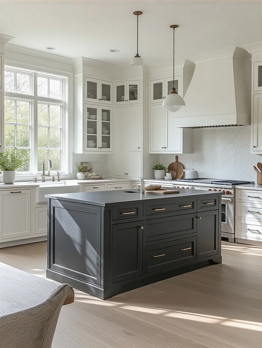 Modern kitchen with deep charcoal gray island and white cabinetry.