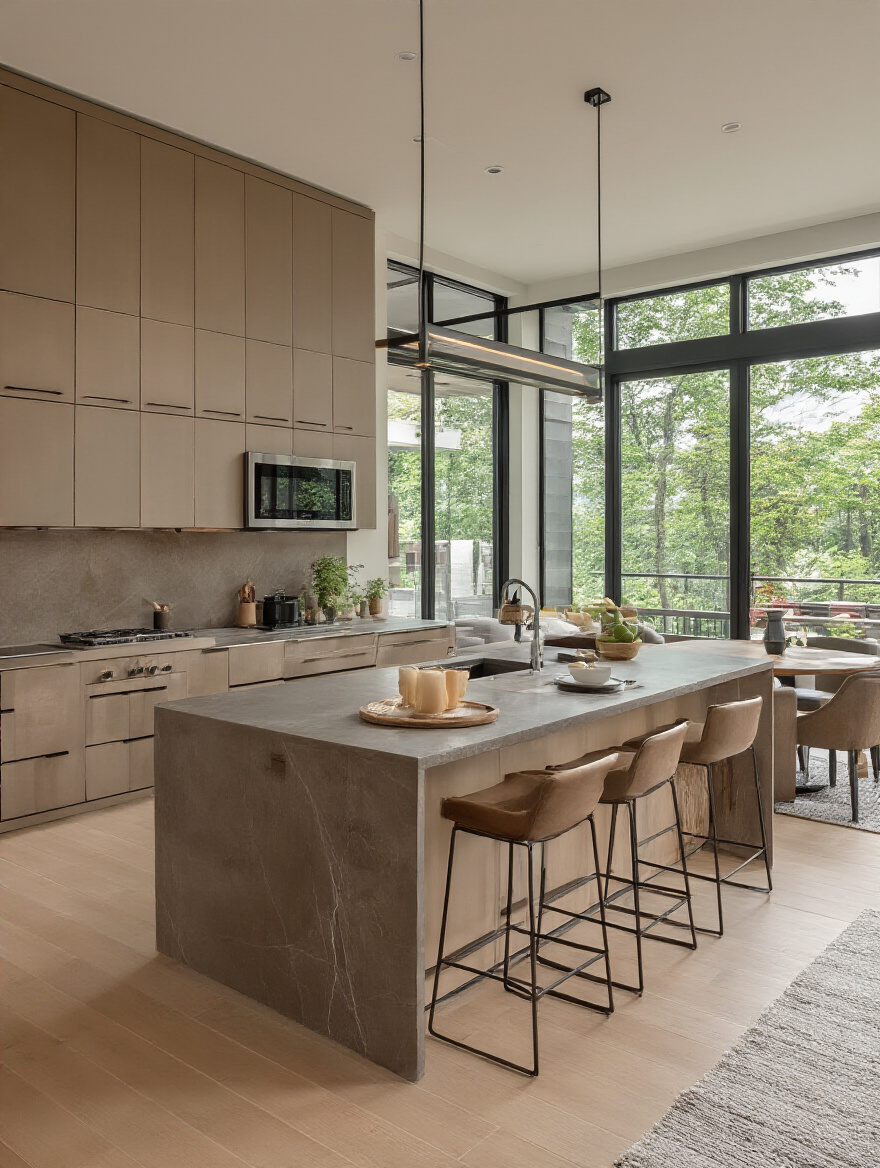 Contemporary open-concept kitchen with intelligent layout, multifunctional island, and integrated appliances