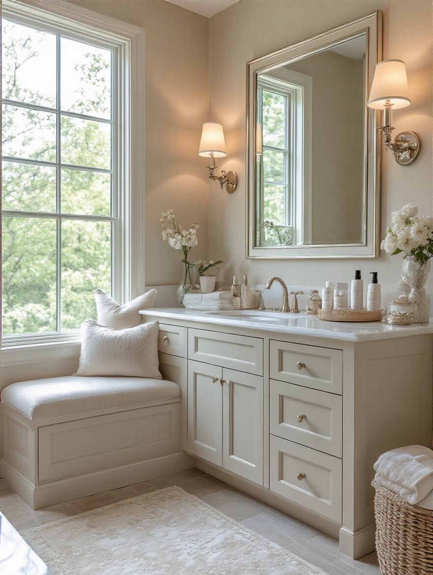 Luxury bathroom with dedicated vanity and seating area, elegant design