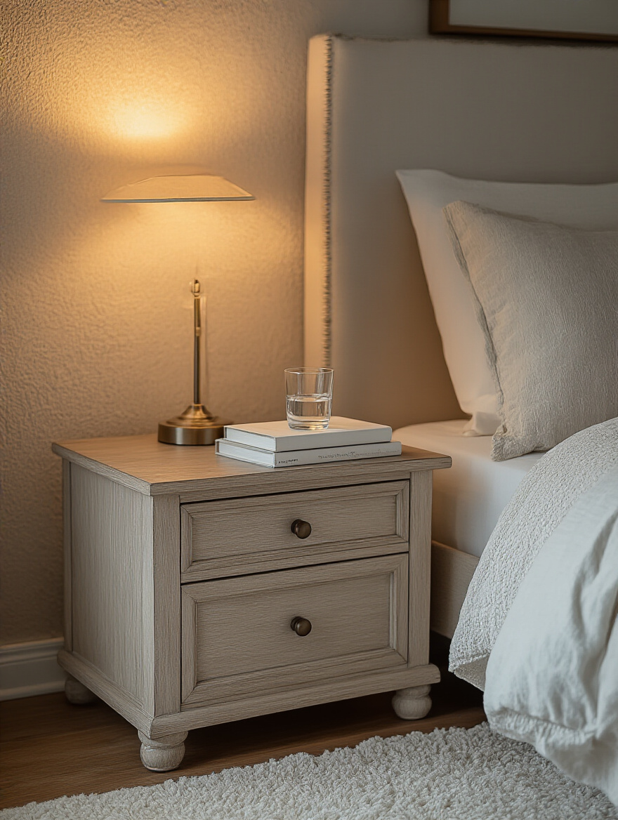 A cozy nightstand with a lamp, book, and glass of water in a softly lit bedroom