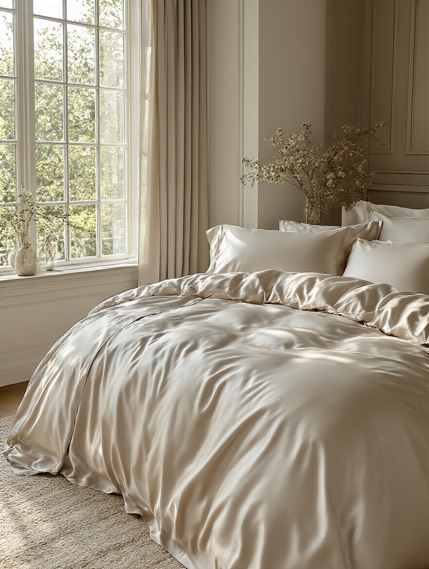 Luxurious high-thread-count bedding in a beautifully styled bedroom with natural light highlighting soft textures