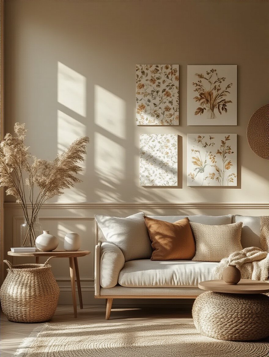 Living room with wallpaper samples taped to the wall, showcasing natural lighting