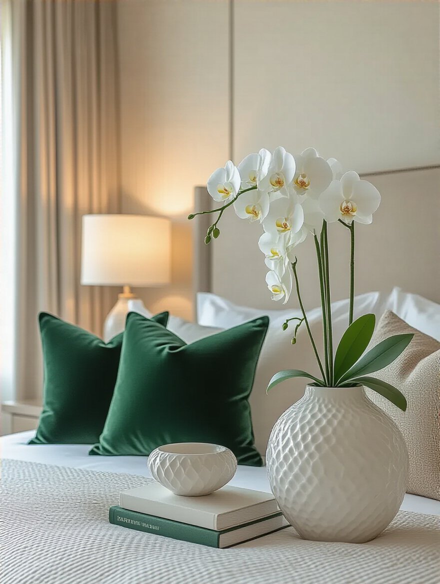 Luxury bedroom bedside table with emerald green velvet pillows, white ceramic vase with orchids, and art books showcasing refreshed smaller decorative elements