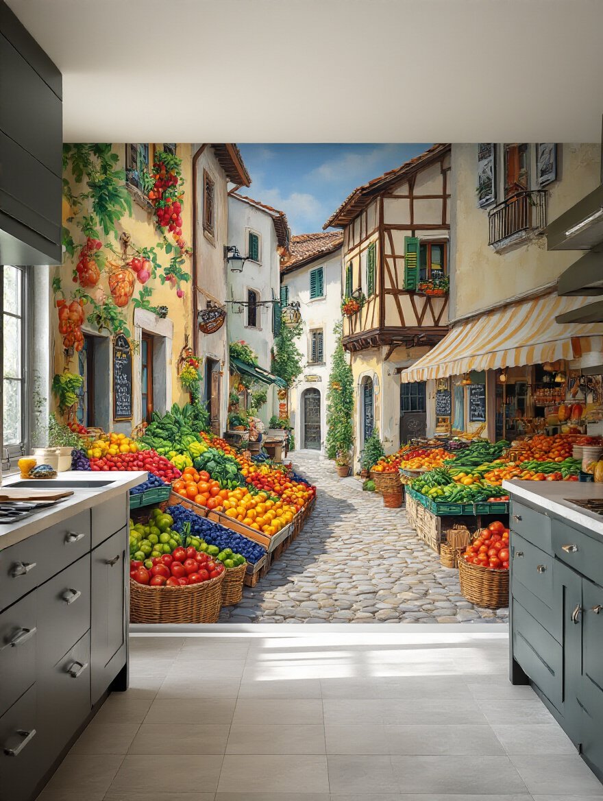 Modern kitchen wall featuring a vibrant hand-painted mural of a European market scene with colorful produce and village elements