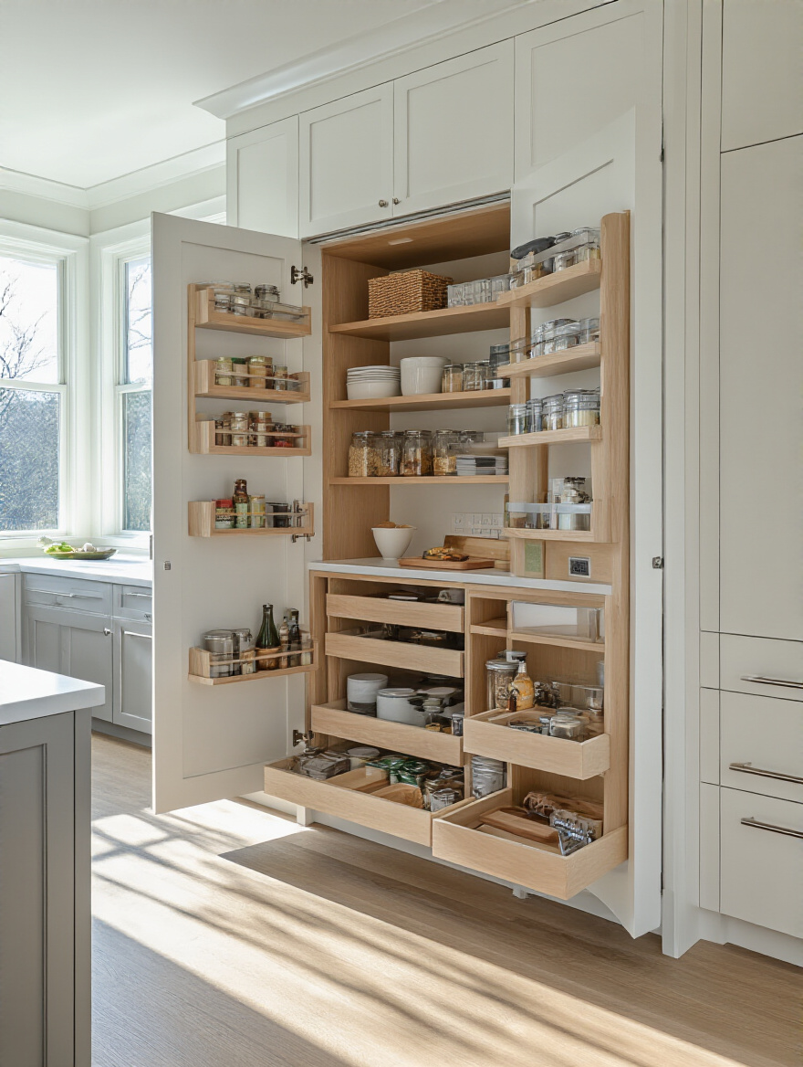 Contemporary kitchen interior featuring a custom pantry with organized shelves and a dedicated prep area with modern appliances and storage solutions