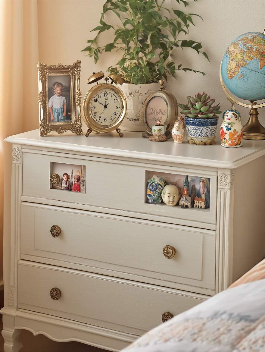 A cozy bedroom with personalized decorative objects and mementos on a nightstand and dresser, creating a warm and inviting atmosphere.