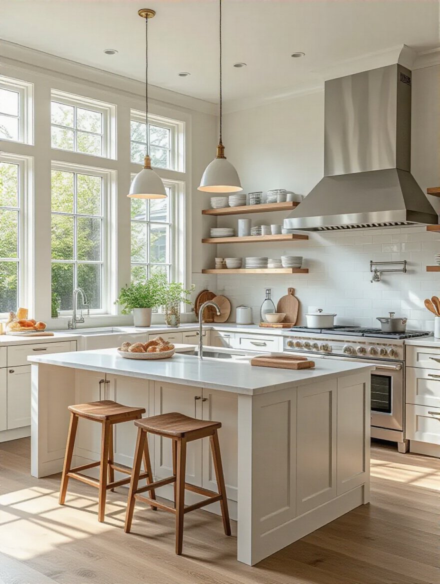 Modern kitchen interior showcasing an optimal layout designed around culinary habits with distinct zones and organized storage
