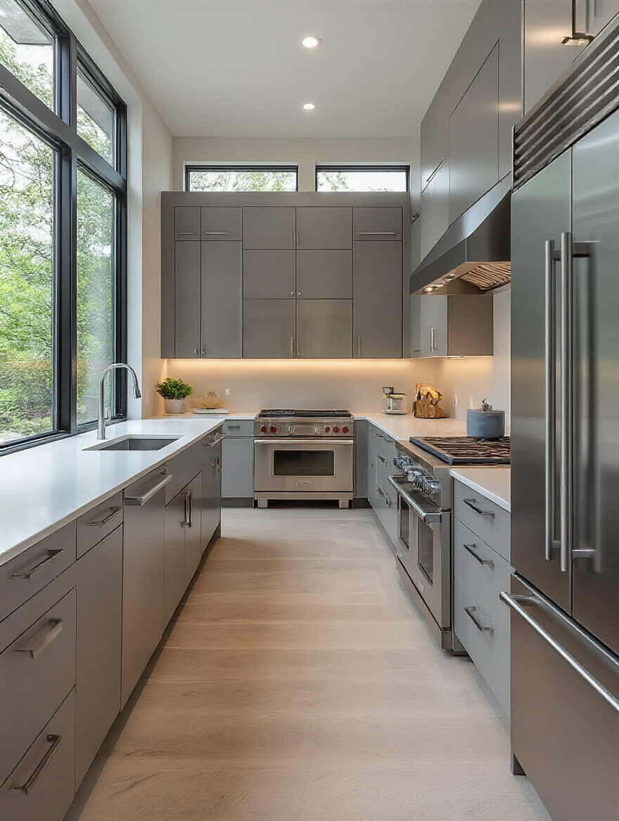 Modern kitchen with efficient work triangle layout connecting refrigerator, sink, and stove for ergonomic cooking