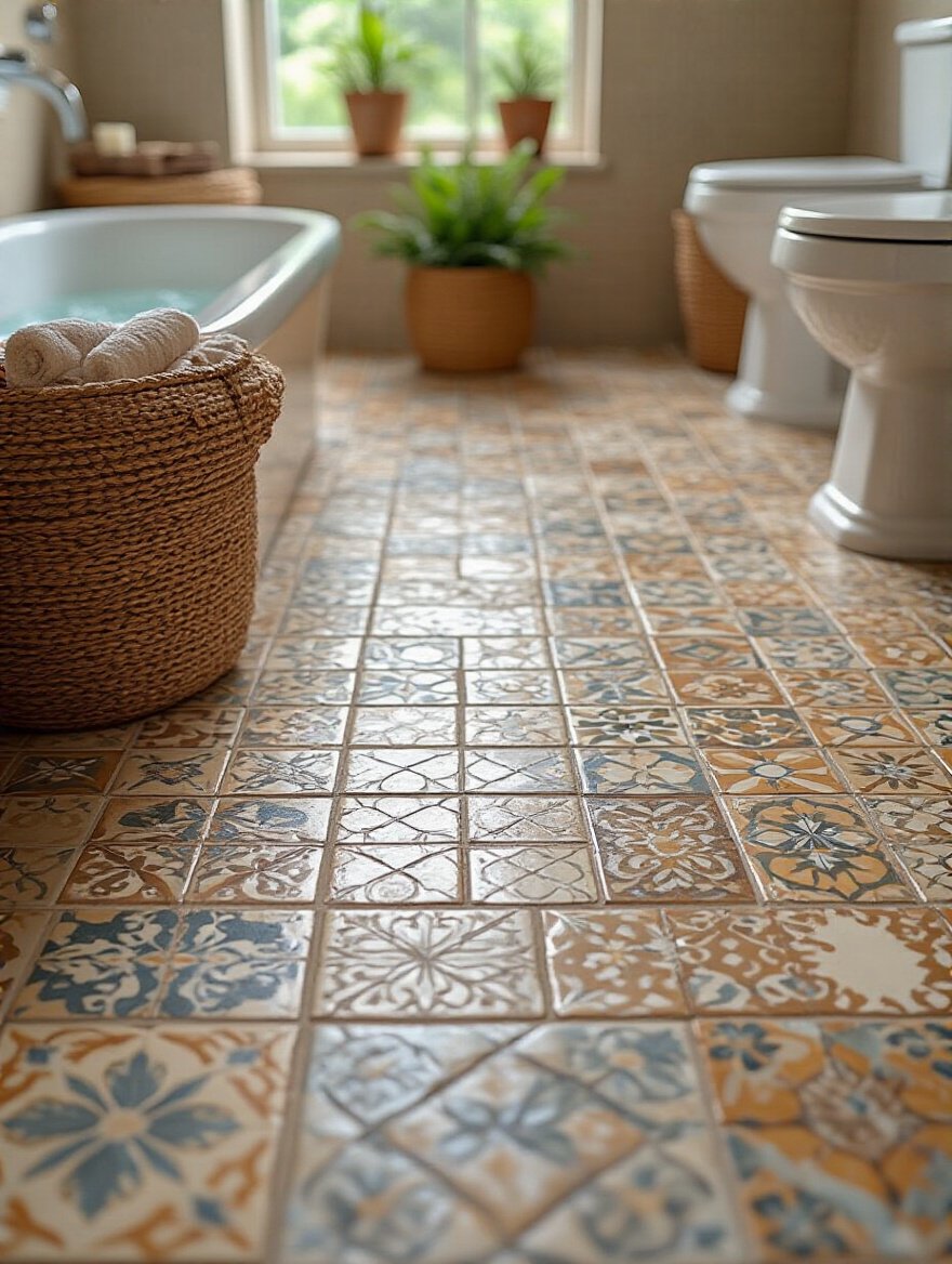 Professional photo of a planned tile layout in a bathroom.
