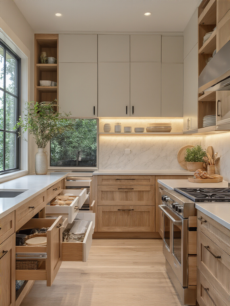 Modern kitchen with universal design accessible cabinets for all ages.