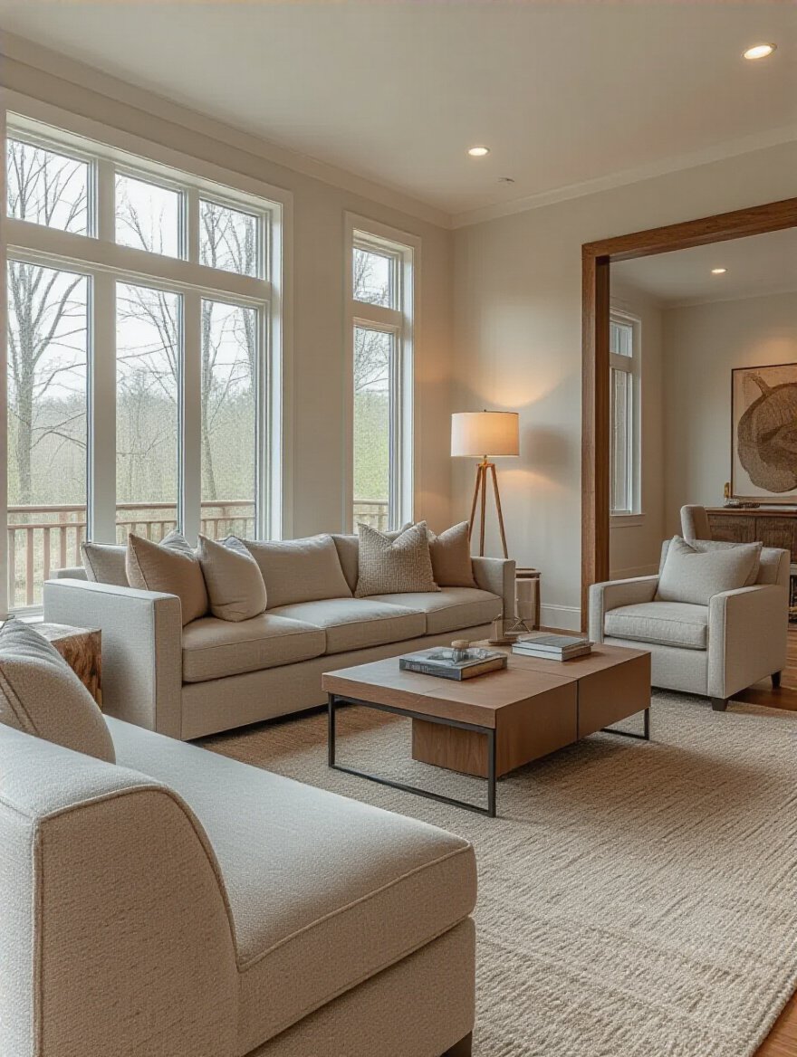 Modern living room with essential furniture pieces arranged for optimal functionality and comfort, no people