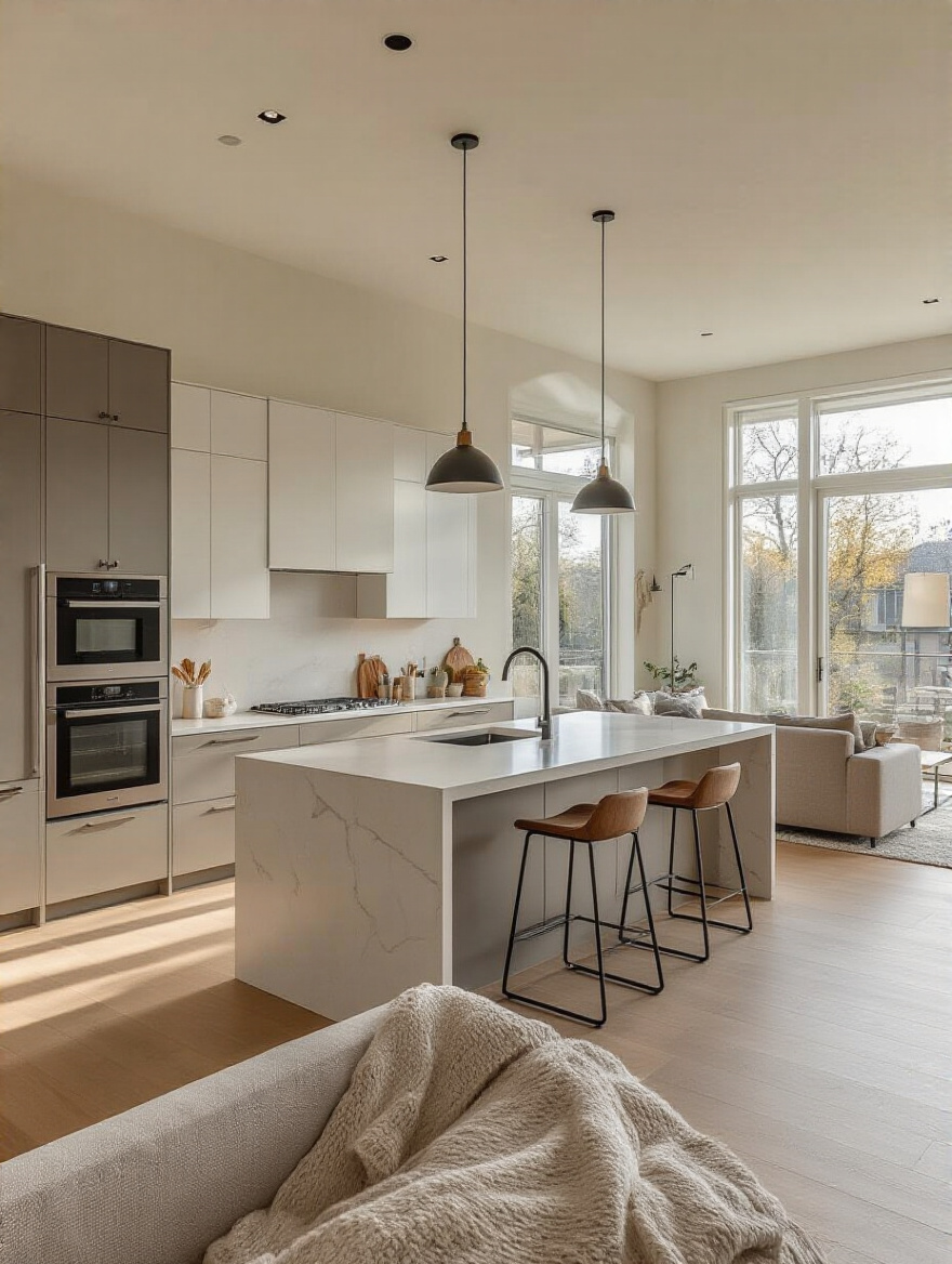 Modern open-concept kitchen and living area with natural light