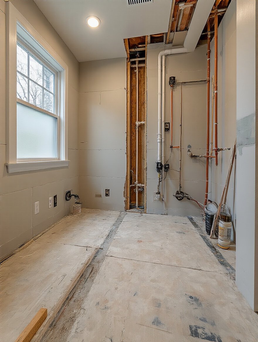 Modern bathroom under renovation focusing on plumbing, ventilation, electrical systems, and structural repairs with no people present
