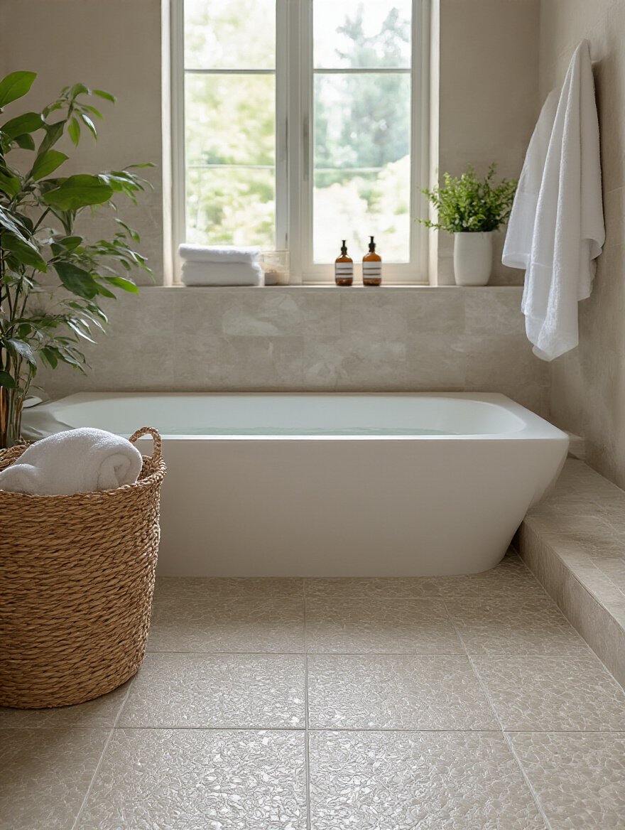 Modern bathroom with slip-resistant floor tiles, showcasing textured surfaces.