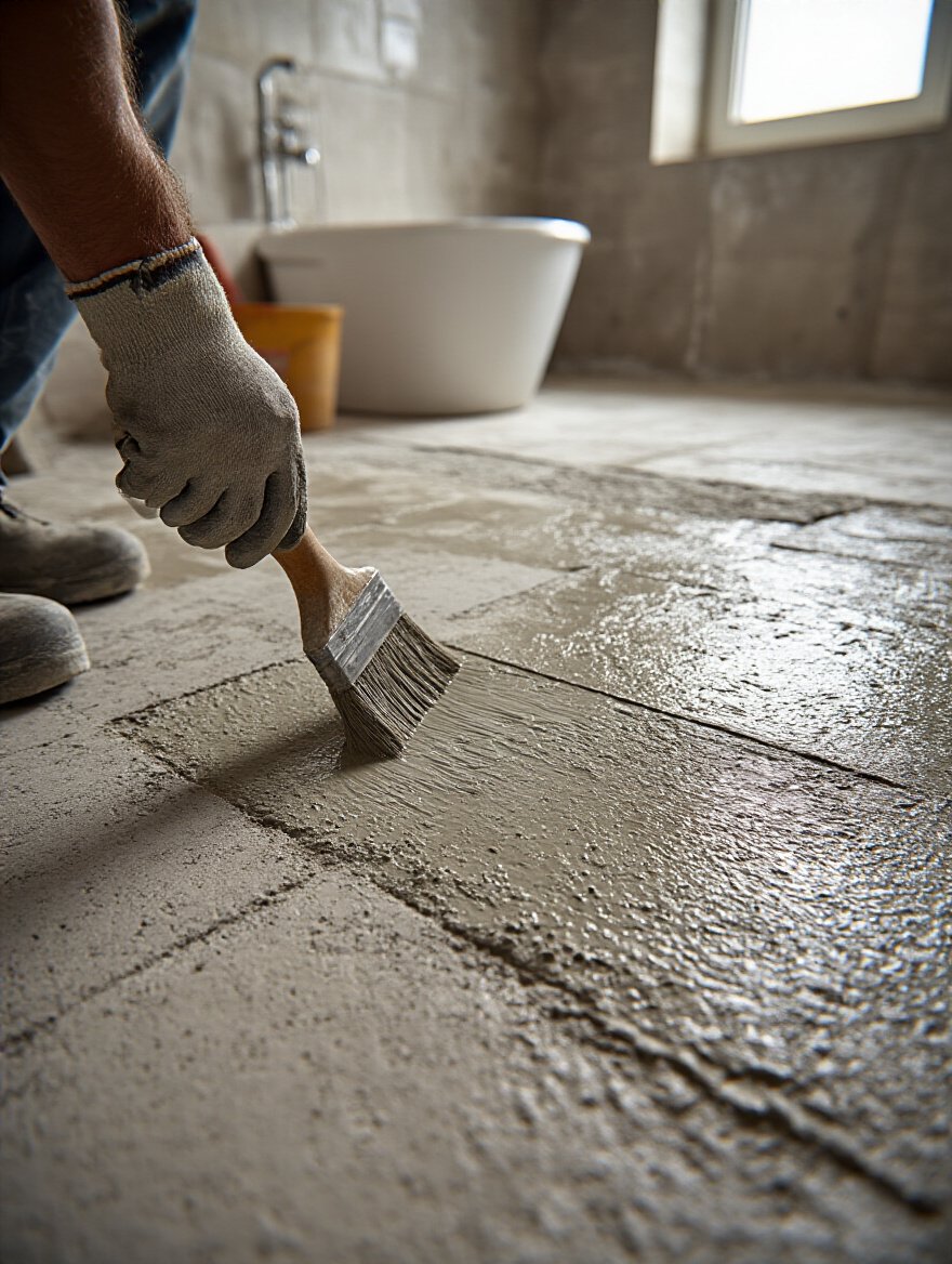 Close-up of waterproofing membrane application on cement board in a bathroom floor preparation.