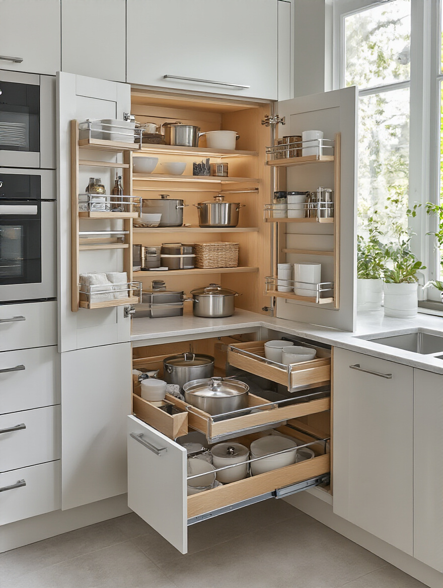 Contemporary kitchen corner with intelligent pull-out drawers and Magic Corner storage solution fully extended, showcasing organized kitchenware