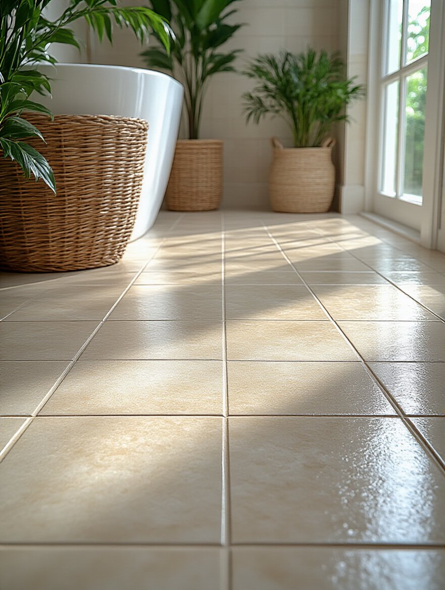 Professional photo showing pristine sealed grout lines in a well-lit bathroom.