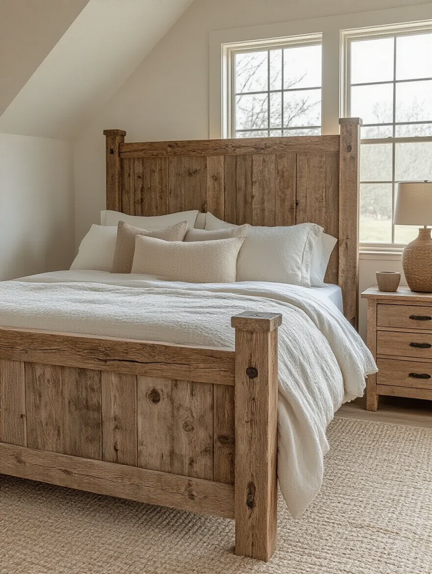 Authentic farmhouse bed frame made of distressed reclaimed wood in a cozy rustic bedroom with warm natural lighting