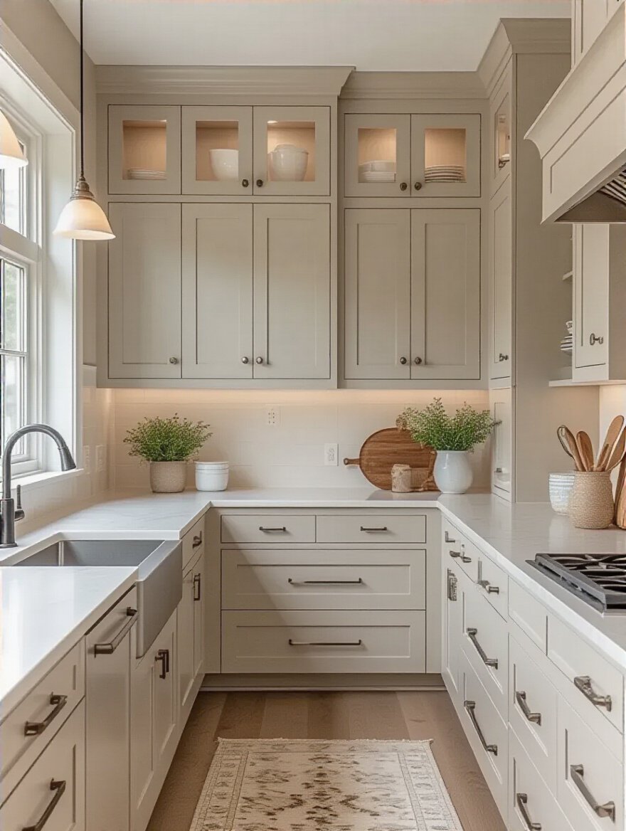 Portrait image of a timeless kitchen with Shaker and flat-panel cabinet styles in neutral colors featuring smart storage solutions
