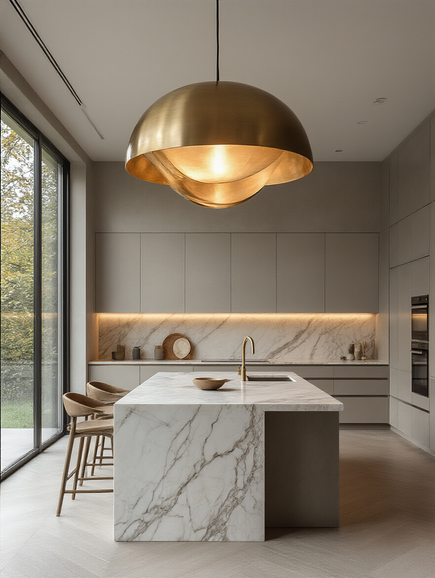Modern kitchen with distinctive lighting fixture as focal point