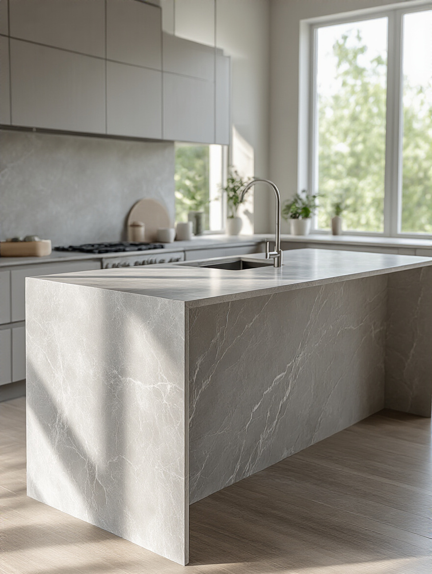 Modern kitchen with quartz countertop featuring grey veining and waterfall island