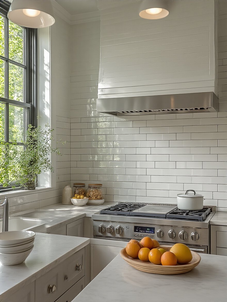 Modern kitchen high-traffic wall with durable semi-gloss paint and ceramic tile backsplash, clean and wipeable finish
