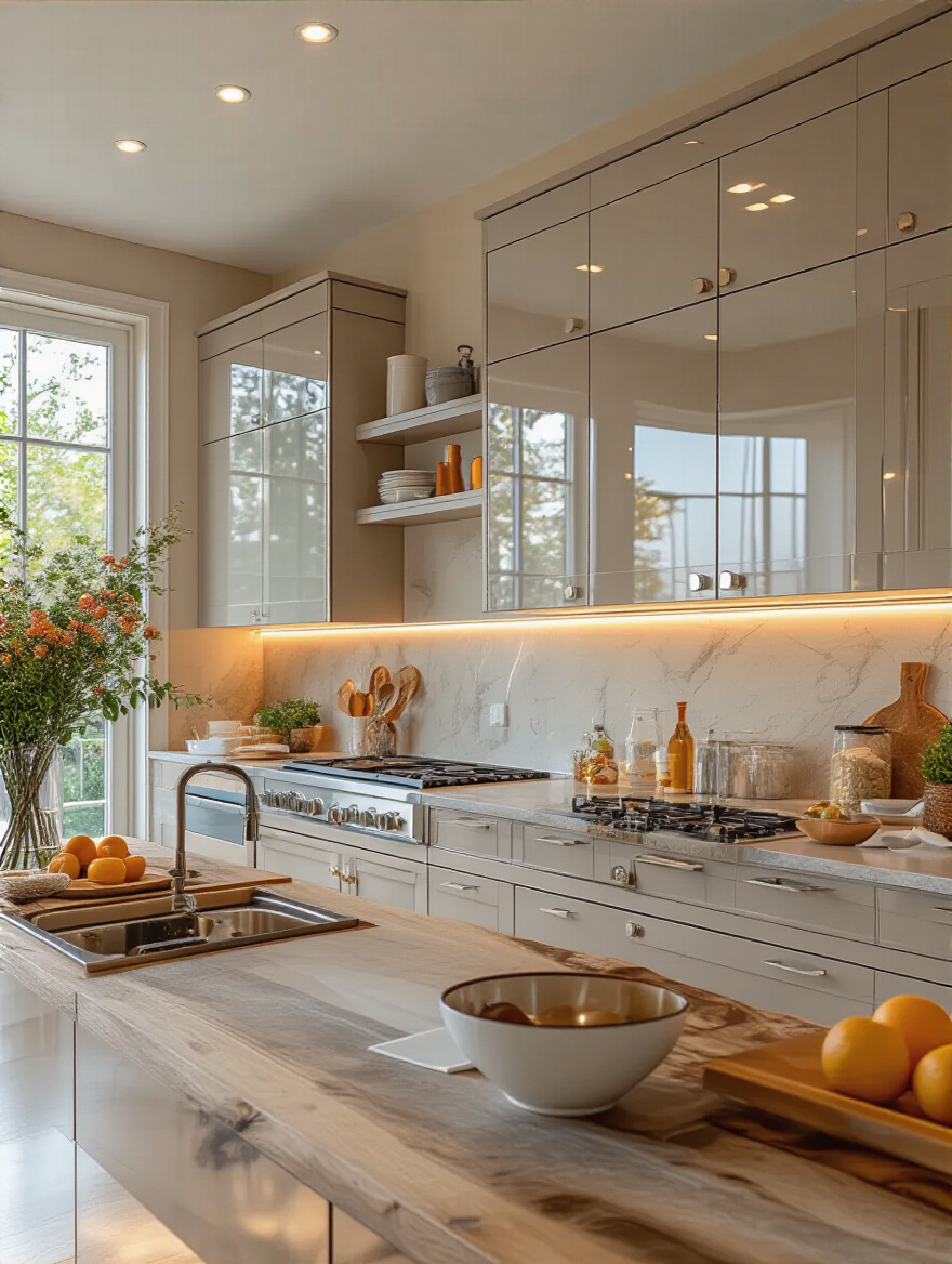 Showcase of kitchen cabinets with various finish types in a well-lit kitchen setting.