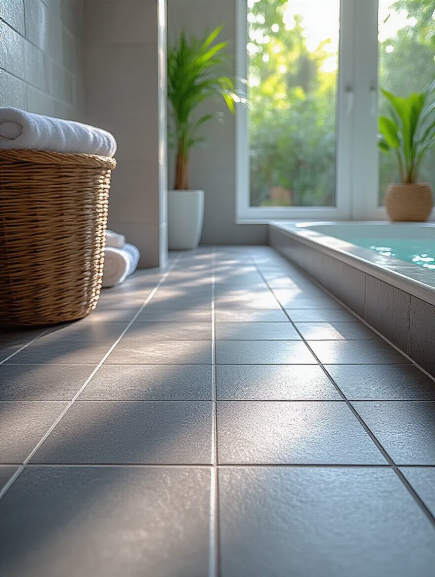 Bathroom floor with grey porcelain tiles and charcoal grey grout for a cohesive look.
