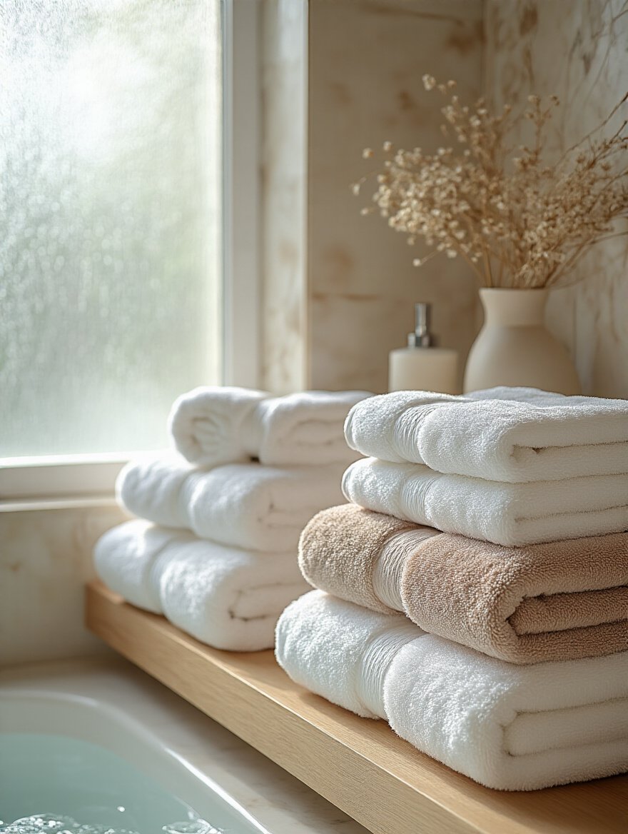 Luxurious bathroom scene with plush bath linens and high-quality textiles.