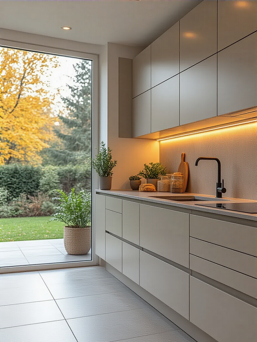 Contemporary kitchen portrait showing sleek hardware-free cabinetry with clean, uninterrupted lines and minimalist design
