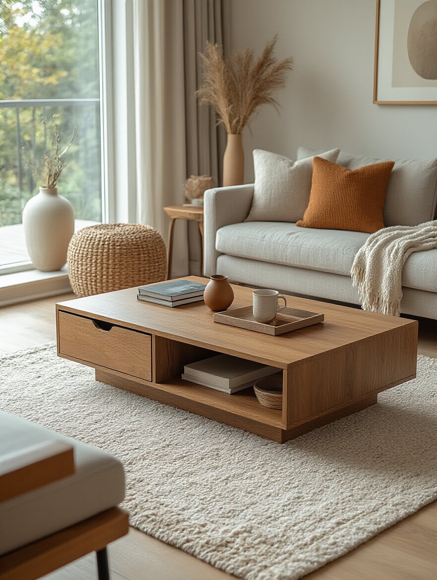 Versatile coffee table with integrated storage in a modern living room setting