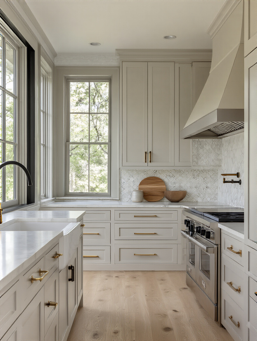 Contemporary kitchen interior with versatile neutral palettes featuring white and gray cabinetry, quartz countertops, and brass hardware
