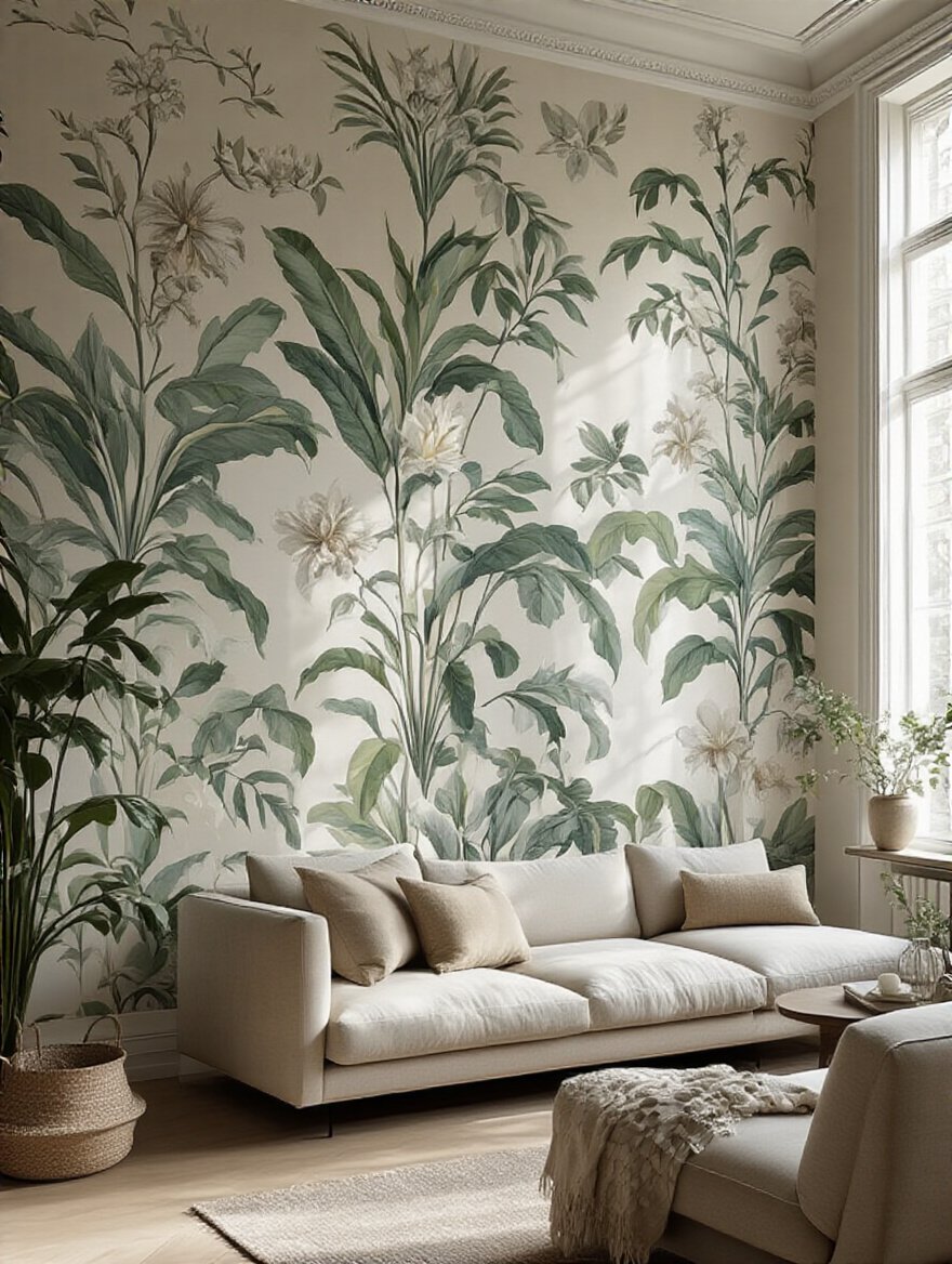 Living room with botanical wallpaper accent wall and natural lighting