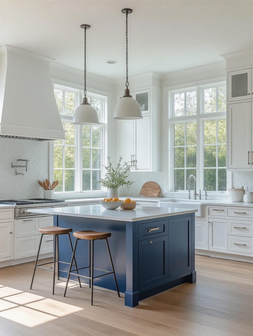 Modern white kitchen with deep sapphire blue island showcasing warm vs. cool undertones.