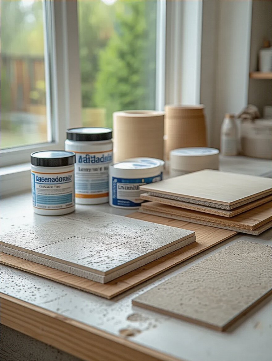 Close-up portrait image of various bathroom flooring adhesives and flooring samples displayed on a work surface with natural lighting.