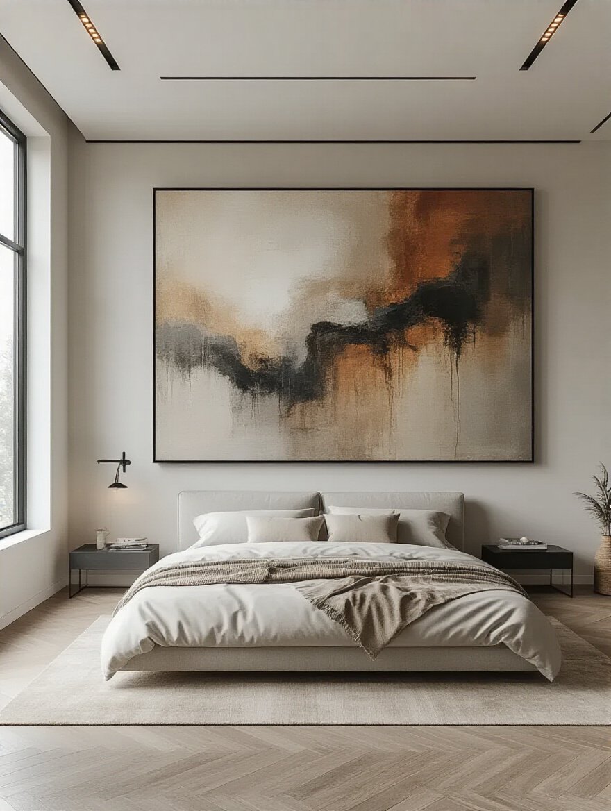 Luxury bedroom with oversized statement-making abstract artwork above bed, well-lit and elegant