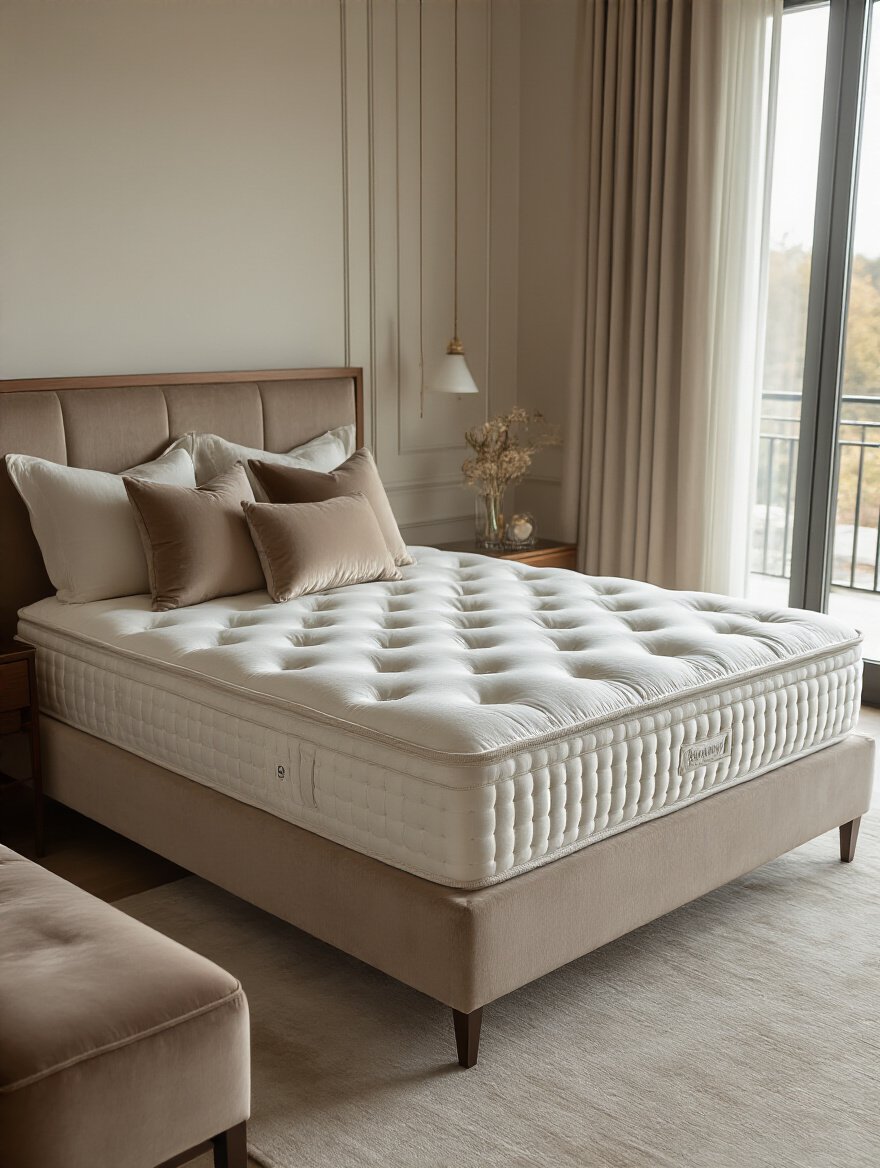 Luxurious plush supportive mattress with elegant bedding in a serene, upscale bedroom setting