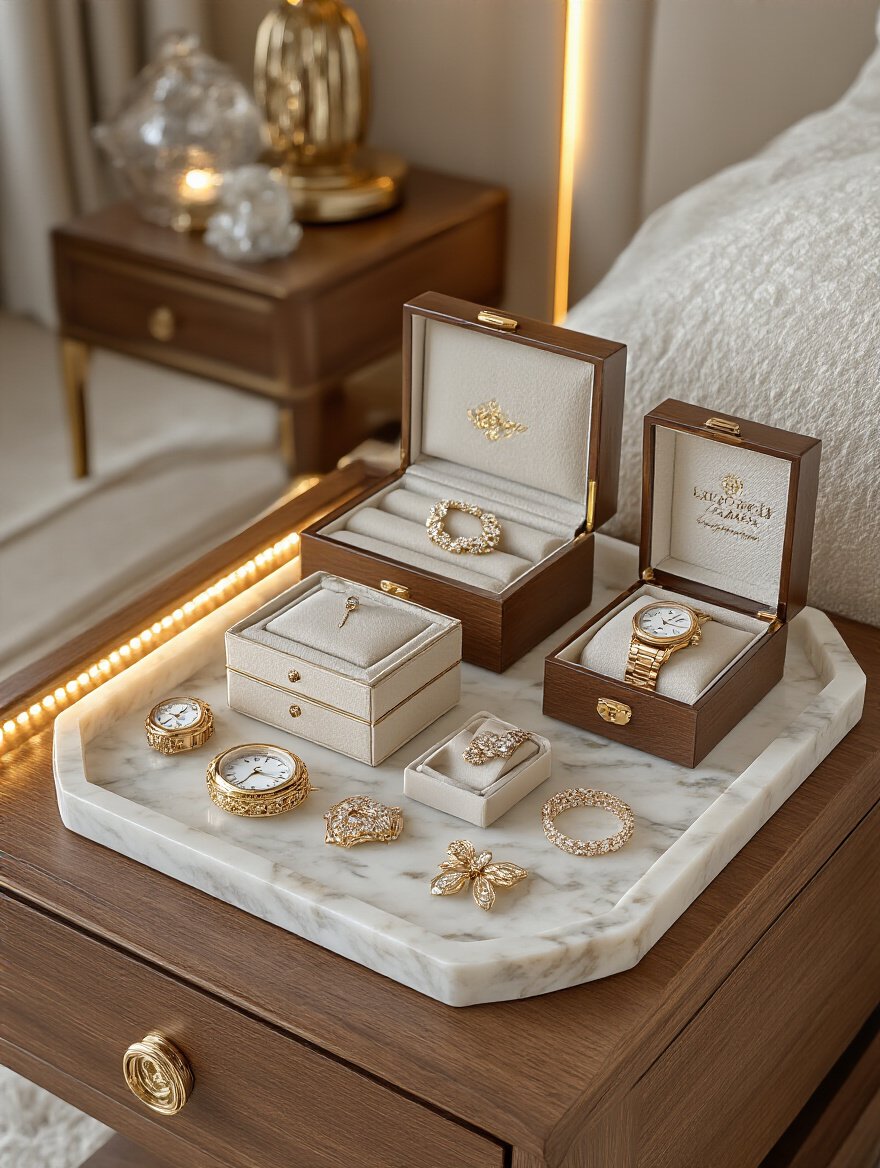 Luxury bedroom corner with curated keepsakes and high-end accessories displayed on a marble tray with warm accent lighting