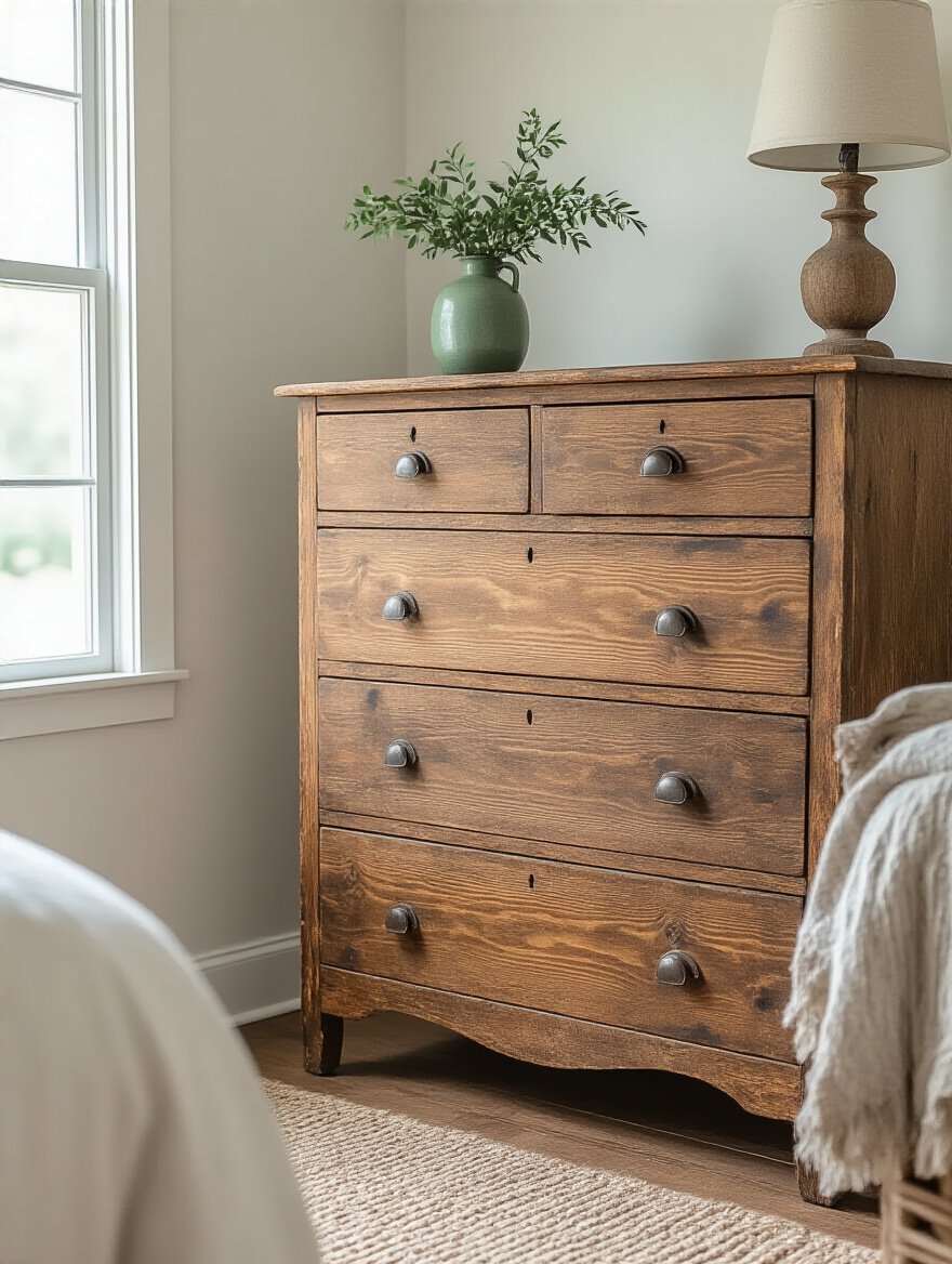 Vintage distressed wood dresser in a cozy farmhouse bedroom with natural light highlighting its textured surface