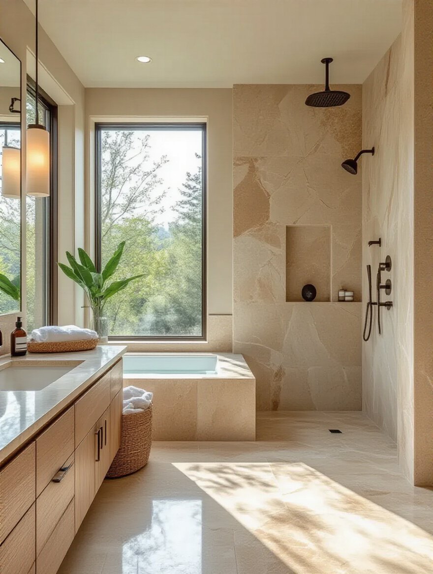 Luxury bathroom with large format natural stone slabs creating seamless surfaces.