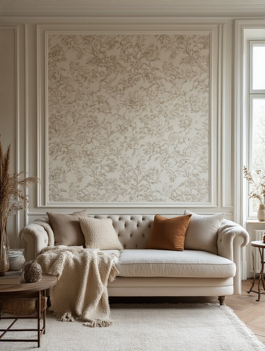 A stylish living room with a focal wall featuring elegant wallpaper, showcasing the design's impact.